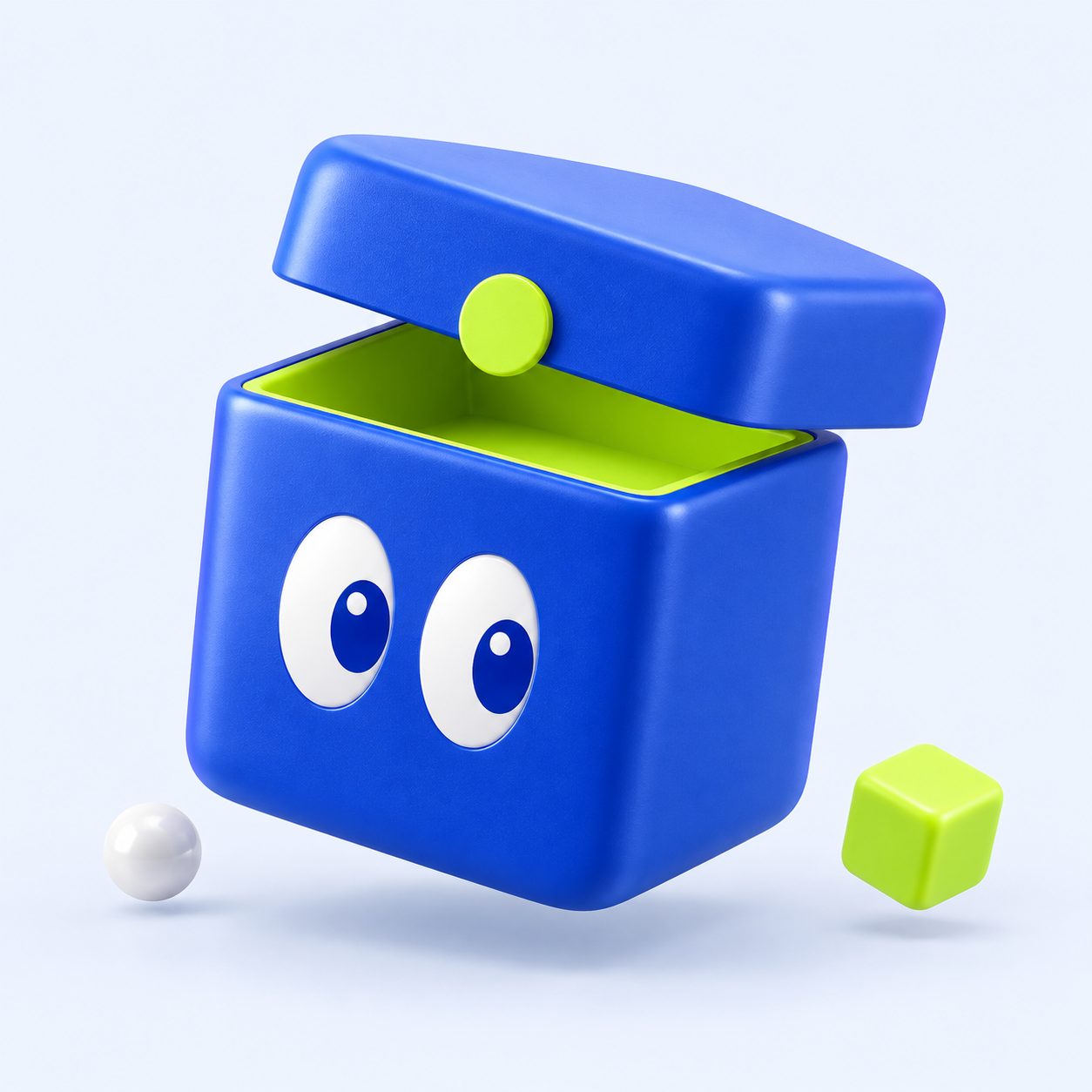 A blue BOXIE character box with its lid raised and a lime green interior